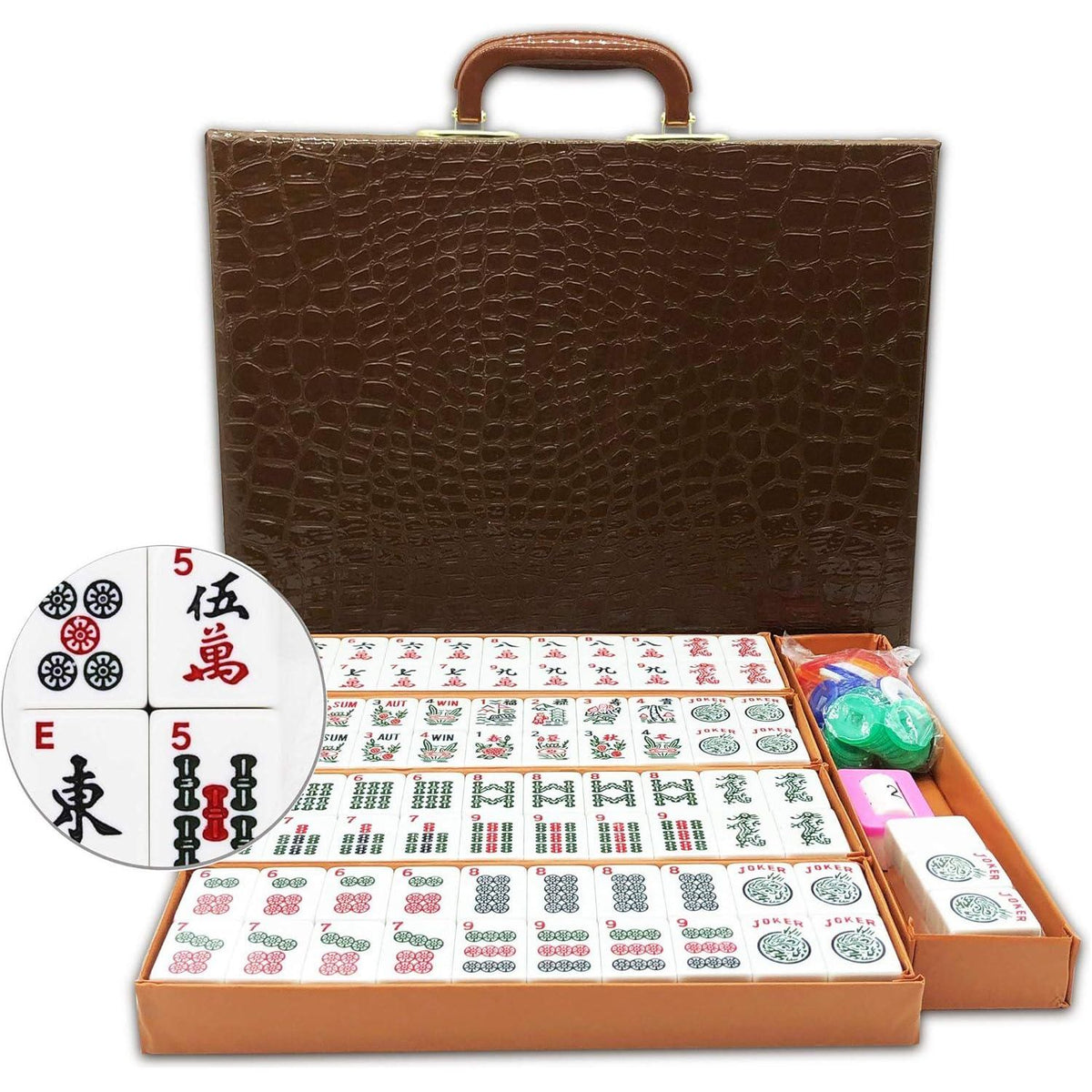 American Mahjong Game Set 166 White Engraved Tiles For Western Mah Jong, Mah Jongg Play With Traveler Size Carrying Case, Dices, Chips, Manual,Win Indicator. / Racks And Pushers Not Included,