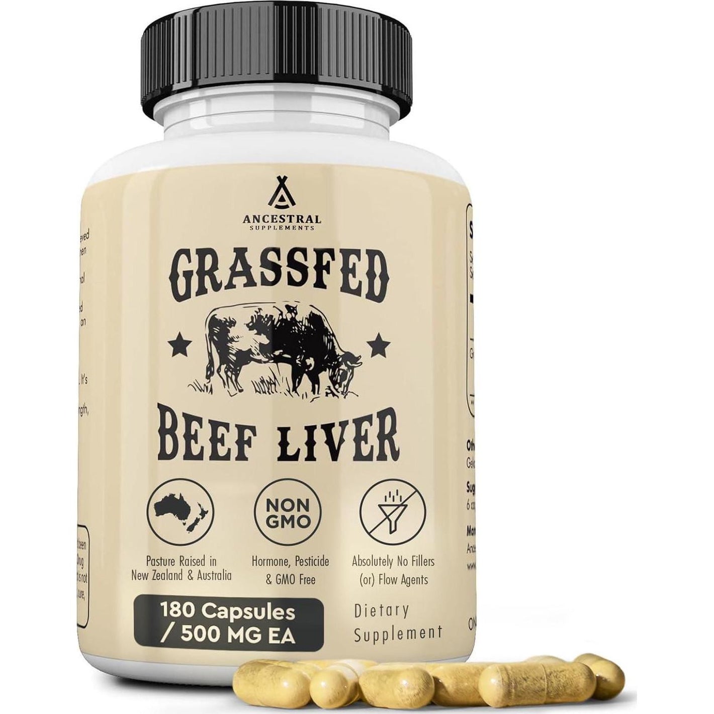 Ancestral Supplements Ancestral Supplements Grass Fed Beef Liver 180 Capsules, Supports Energy Production, Detoxification, Digestion, Immunity And Full Body Wellness, Non-GMO, Freeze Dried Liver Health Supplement