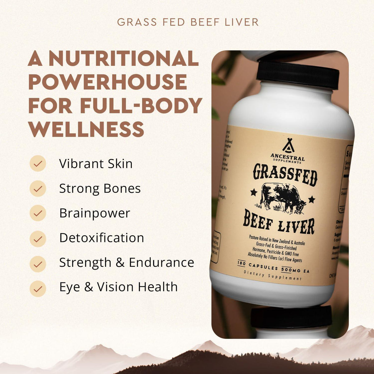 Ancestral Supplements Ancestral Supplements Grass Fed Beef Liver 180 Capsules, Supports Energy Production, Detoxification, Digestion, Immunity And Full Body Wellness, Non-GMO, Freeze Dried Liver Health Supplement