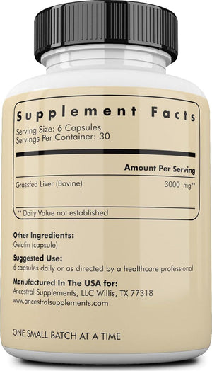 Ancestral Supplements Ancestral Supplements Grass Fed Beef Liver 180 Capsules, Supports Energy Production, Detoxification, Digestion, Immunity And Full Body Wellness, Non-GMO, Freeze Dried Liver Health Supplement