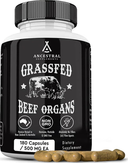 Ancestral Supplements Ancestral Supplements Grass Fed Beef Organ Supplement, Supports Whole Body Wellness With Proprietary Blend Of Liver, Heart, Kidney, Pancreas, Spleen, Freeze-Dried Beef, Non-GMO, 180 Capsules