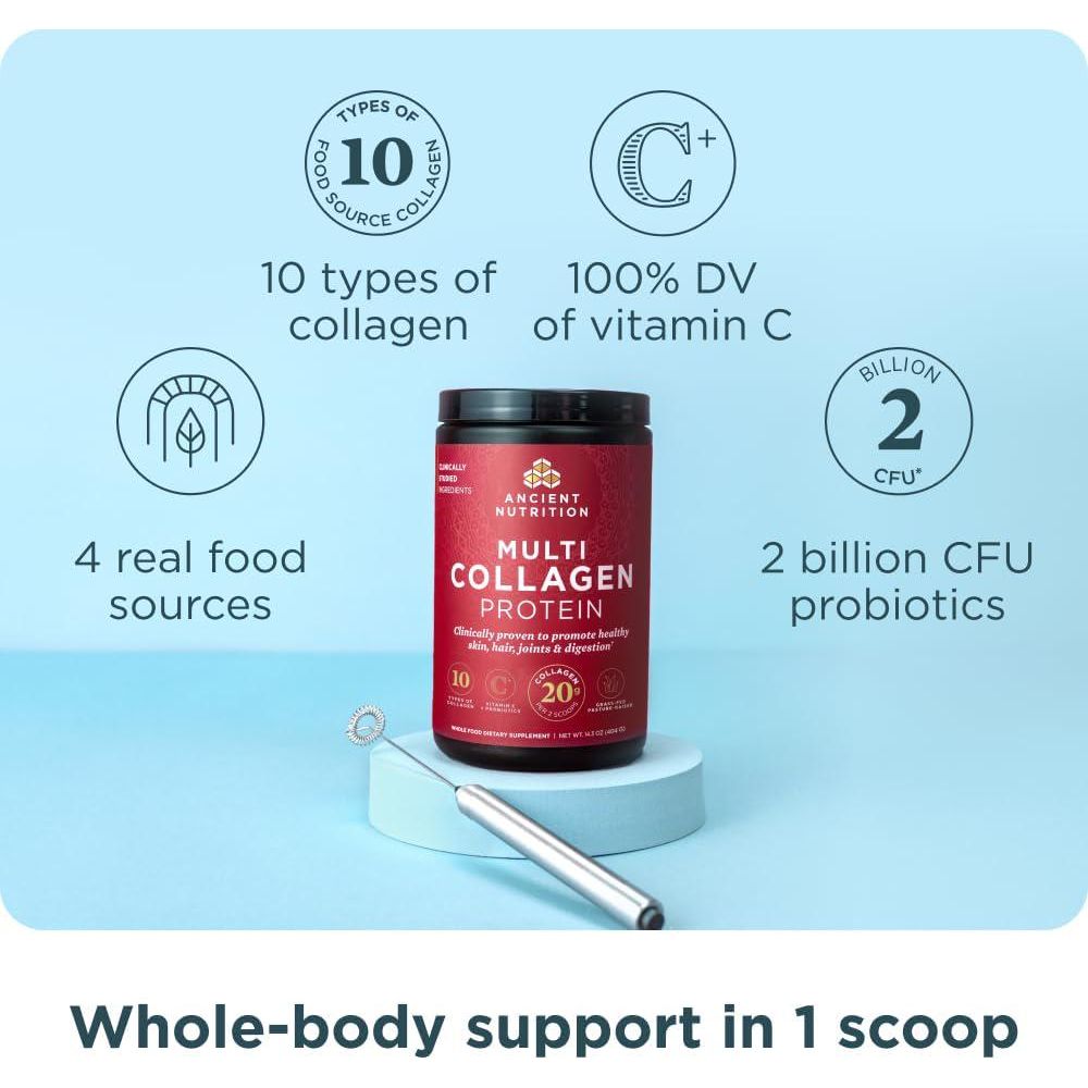 Ancient Nutrition Collagen Powder Protein With Probiotics, Multi Collagen Protein With Vitamin C, Hydrolyzed Collagen Peptides Supports Skin And Nails, Gut Health (40 Servings, Unflavored),816401020383