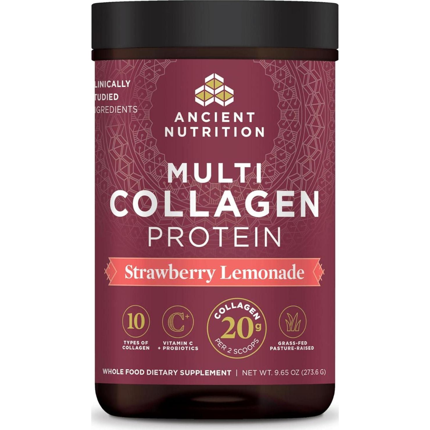 Ancient Nutrition Collagen Powder Protein, Multi Collagen Protein Powder, Strawberry Lemonade, 24 Servings, W/Vitamin C, Hydrolyzed Collagen Peptides For Skin, Nails, Gut Health And Joints, 9.65oz,