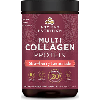 Ancient Nutrition Collagen Powder Protein, Multi Collagen Protein Powder, Strawberry Lemonade, 24 Servings, W/Vitamin C, Hydrolyzed Collagen Peptides For Skin, Nails, Gut Health And Joints, 9.65oz,