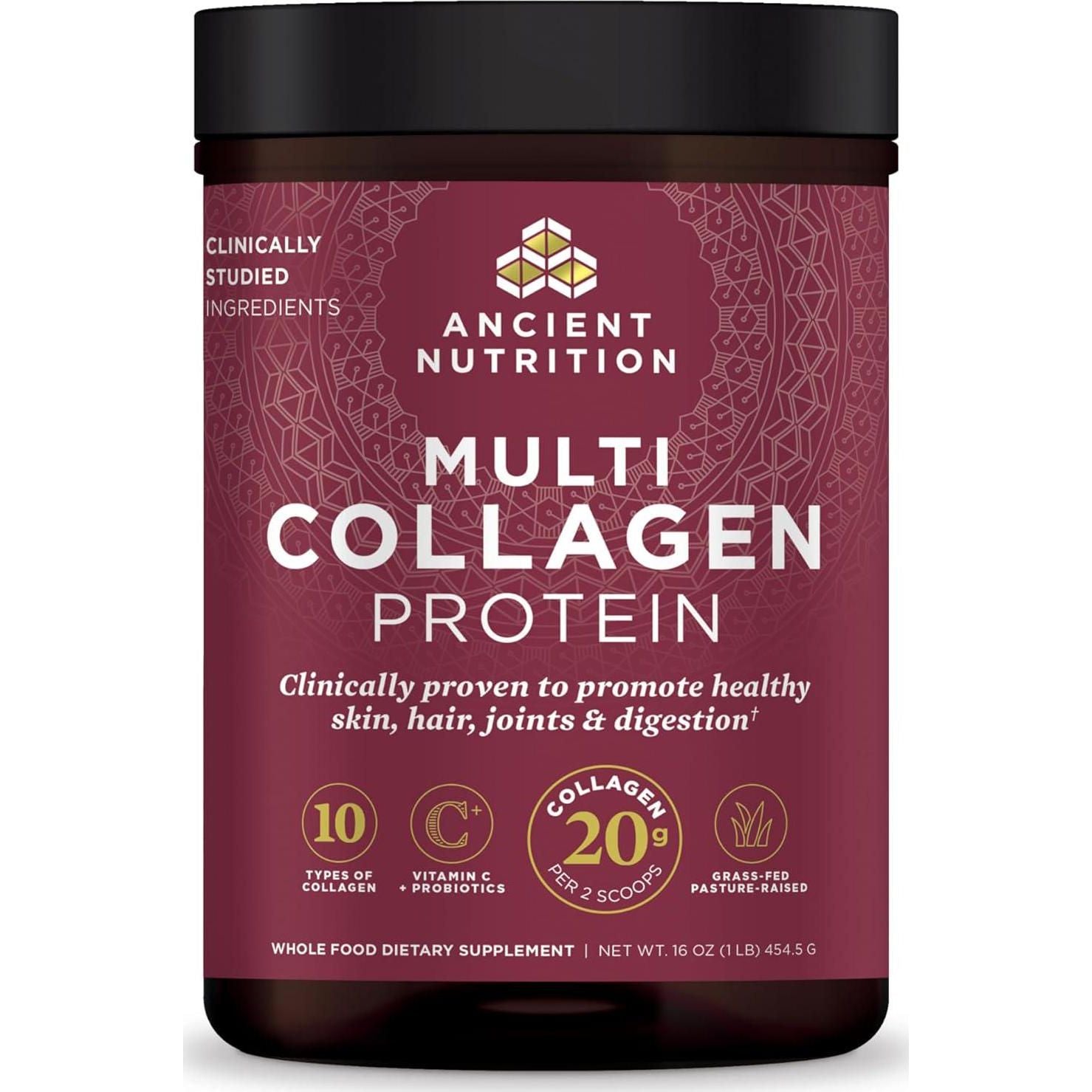 Ancient Nutrition Collagen Powder Protein With Probiotics, Unflavored Multi Collagen Protein With Vitamin C, 45 Servings, Hydrolyzed Collagen Peptides Supports Skin And Nails, Gut Health, 16oz,