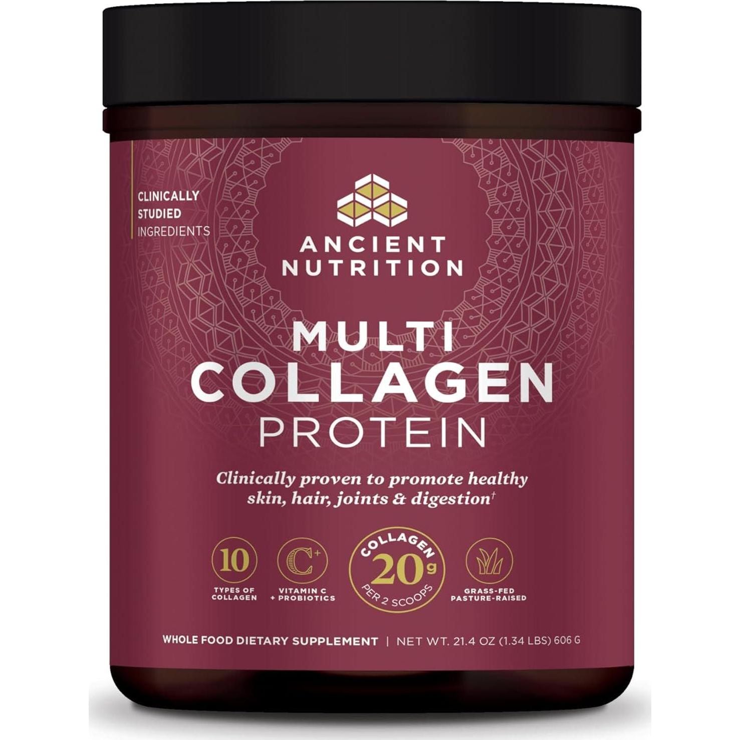 Ancient Nutrition Collagen Powder Protein With Probiotics, Multi Collagen Protein, Unflavored, 60 Servings, Hydrolyzed Collagen Peptides Supports Skin And Gut Health, Joint Supplement, 21.38oz,