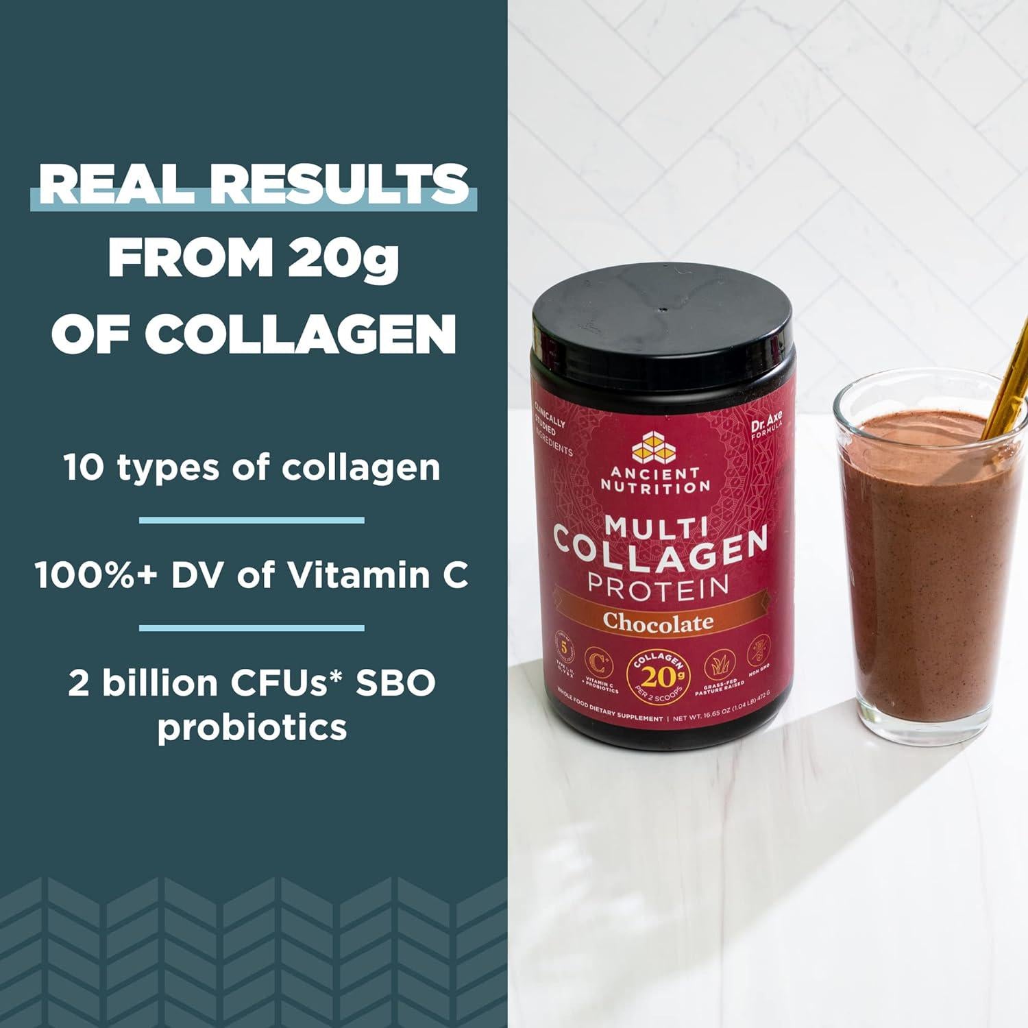 Ancient Nutrition Collagen Powder Protein, Multi Collagen Chocolate Protein Powder, 45 Servings, With Vitamin C, Hydrolyzed Collagen Peptides Supports Skin And Nails, Gut Health, 16.65oz,