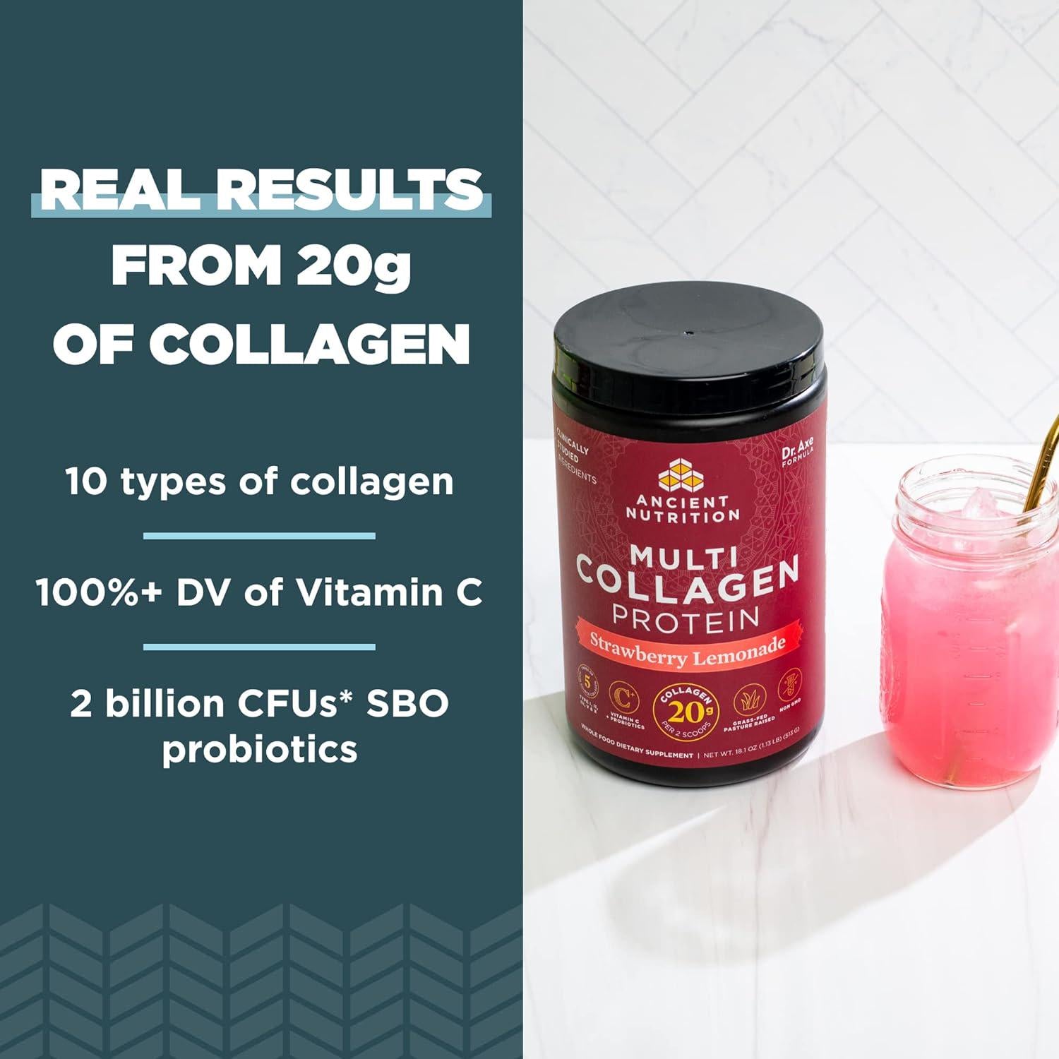 Ancient Nutrition Collagen Powder Protein, Multi Collagen Protein Powder, Strawberry Lemonade, 24 Servings, W/Vitamin C, Hydrolyzed Collagen Peptides For Skin, Nails, Gut Health And Joints, 9.65oz,