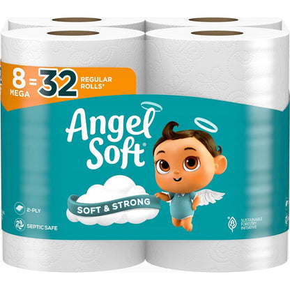Angel Soft Toilet Paper, 8 Mega Rolls (32 Regular Rolls), Soft & Strong Toilet Tissue, Affordable Quality