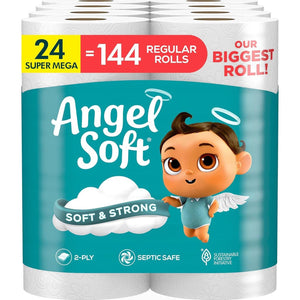 Angel Soft Toilet Paper, 24 Super Mega Rolls (144 Regular Rolls), Soft & Strong Toilet Tissue, Convenient & Long-Lasting