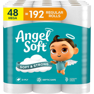 Angel Soft Toilet Paper, 48 Mega Rolls (192 Regular Rolls), Soft & Strong, Convenient Family Pack