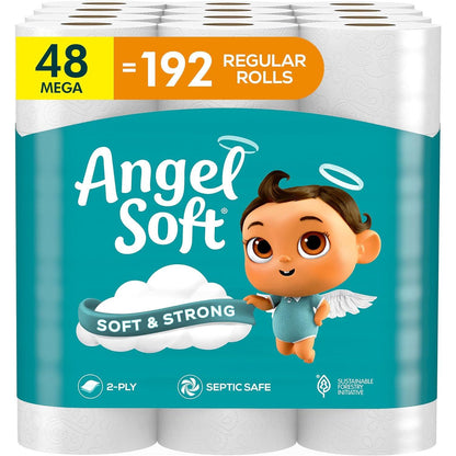 Angel Soft Toilet Paper, 48 Mega Rolls (192 Regular Rolls), Soft & Strong, Convenient Family Pack