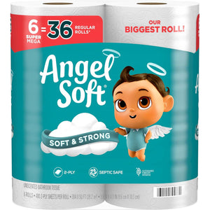 Angel Soft Toilet Paper, 6 Super Mega Rolls (Equivalent to 36 Regular Rolls), Soft & Strong