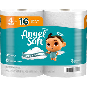 Angel Soft Angel Soft Toilet Paper, 4 Mega Rolls = 16 Regular Rolls, Soft And Strong Toilet Tissue