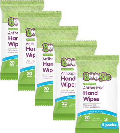 Boogie Antibacterial Hand Wipes By Boogie Wipes, Alcohol-Free, Hypoallergenic And Moisturizing Aloe, Boogie Hand Wipes For Adults And Kids, 5 Packs Of 20