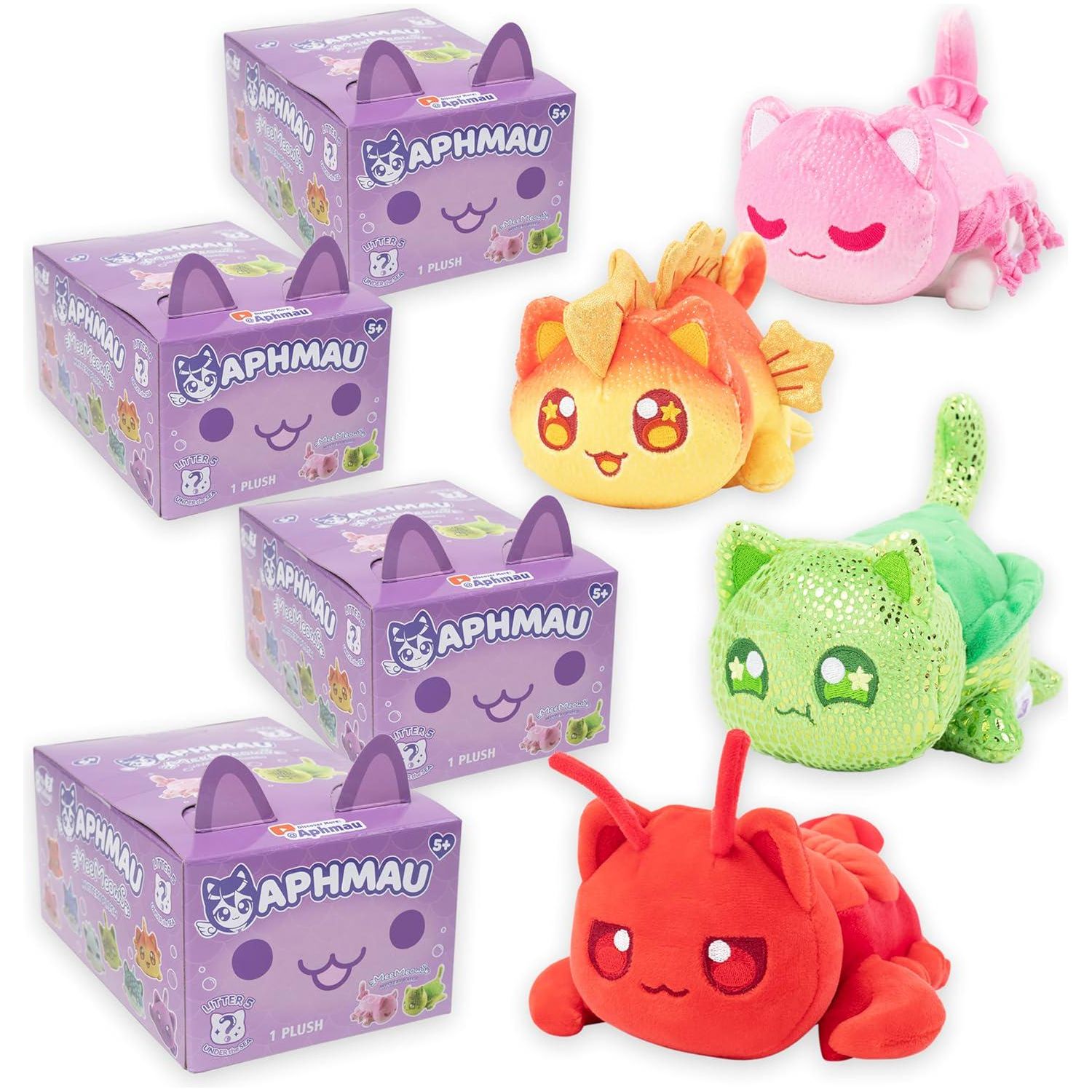 Aphmau Mini Mystery 6 Plush - Under The Sea Series 5-4 Pack; YouTube Gaming Channel, Blind Box, 4 Of 8 Unique Possible Under The Sea MeeMeows, Official Merch,