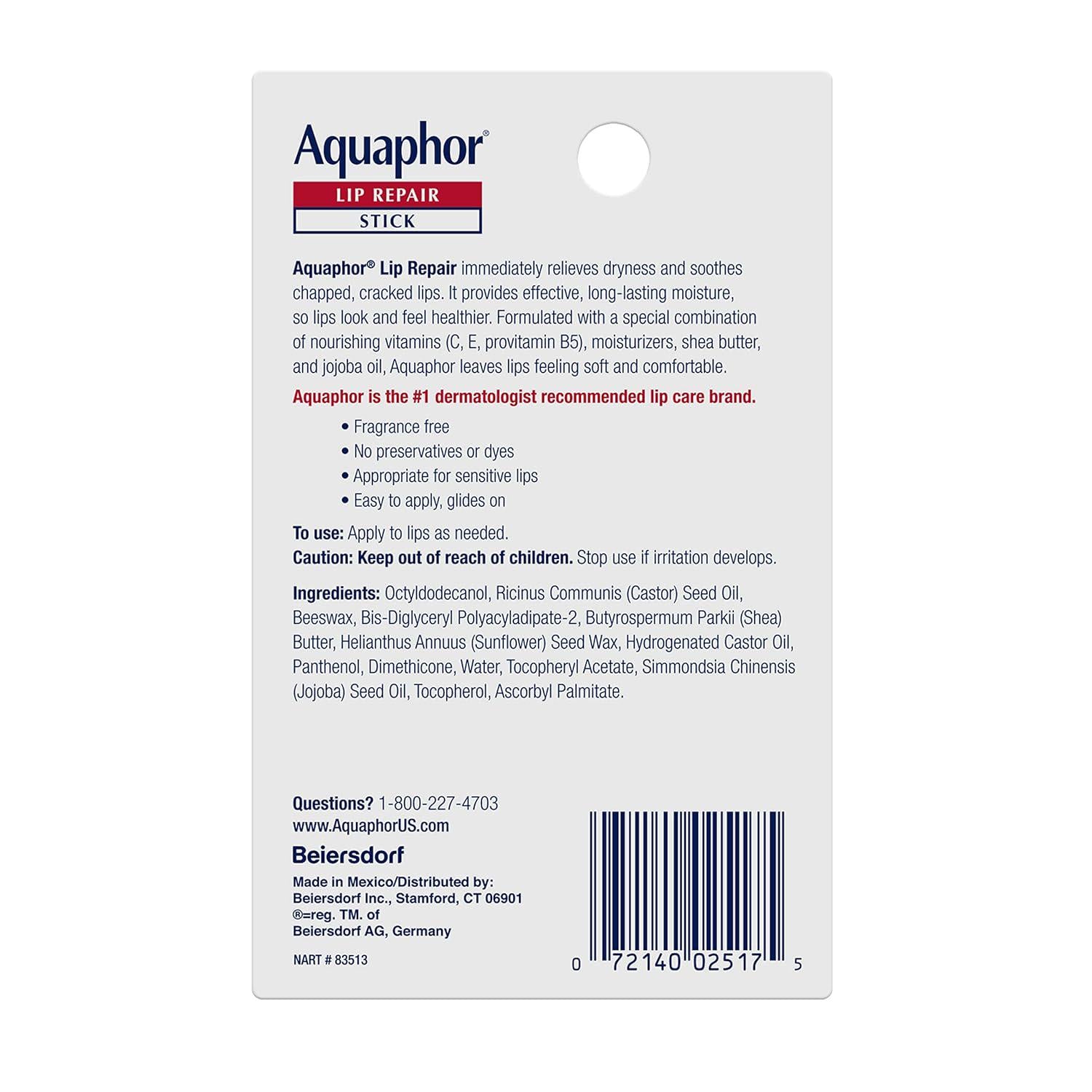 Aquaphor Lip Repair Stick, Lip Protectant, Moisturizing Lip Balm Multipack, 0.17 Oz, 2 Pack,
