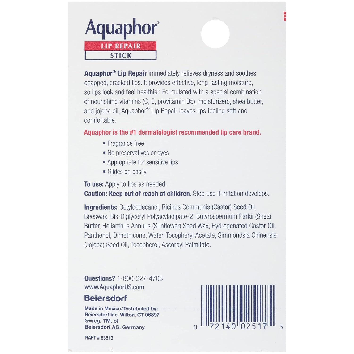 Aquaphor Lip Repair Stick - Soothes Dry Chapped Lips - 0.17 Ounce (Pack Of 4),