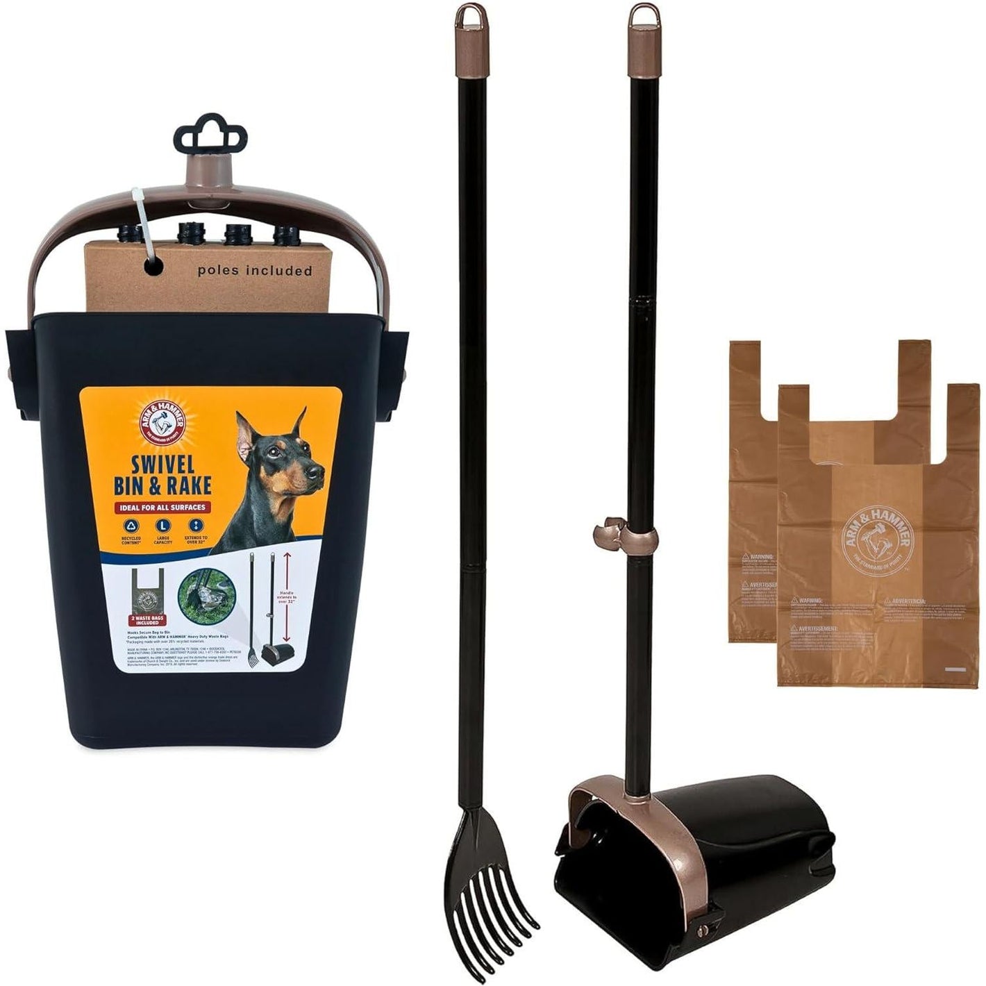 Arm and Hammer Pooper Scooper with Swivel Bin and Rake Includes 2 Scented Waste Bags Black