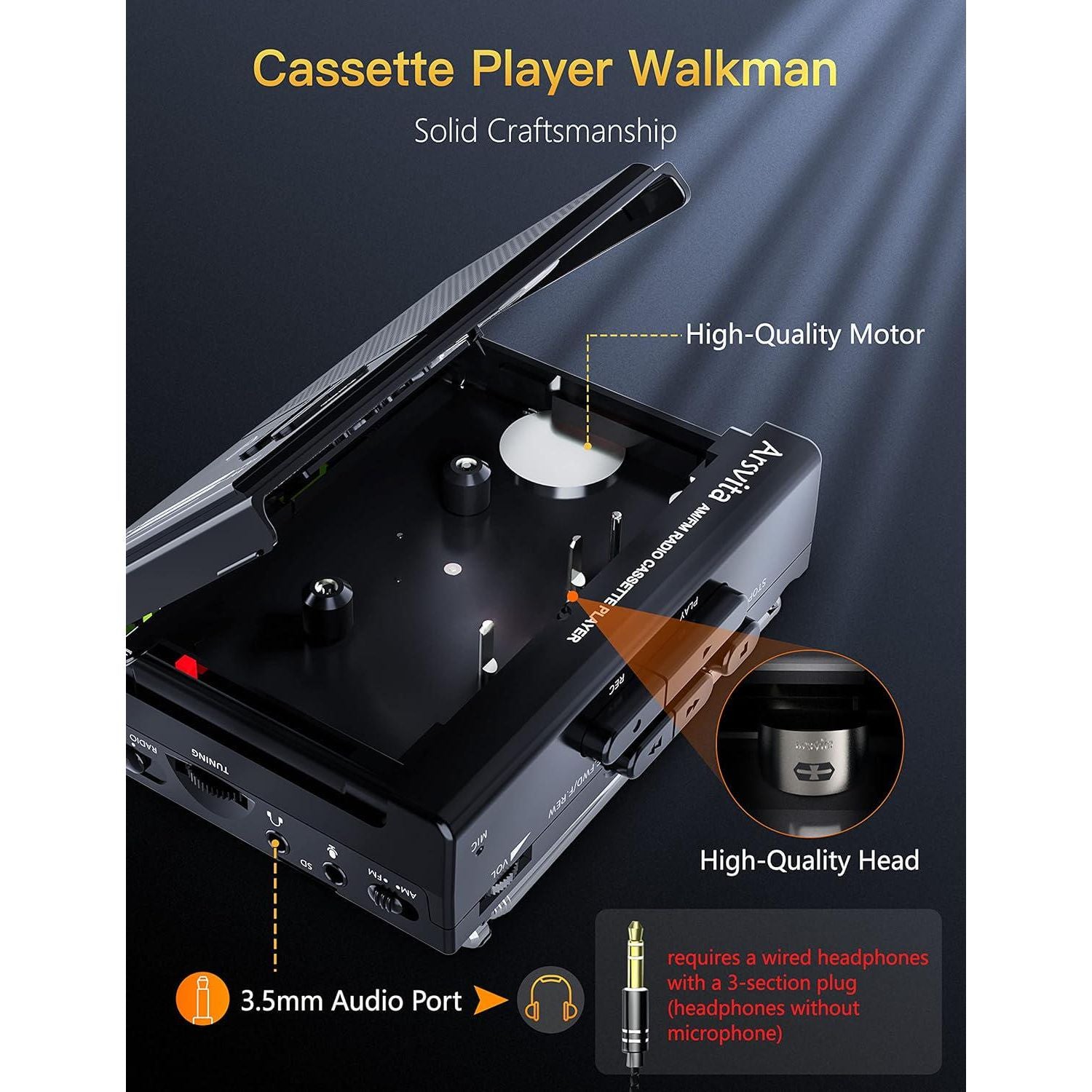 Arsvita Portable Cassette Player And Recorder, Cassette To MP3 Digital Converter, AM/FM Radio Tape Walkman, Support 4-32G Micro SD Card, Build-in Speaker And Microphone, Black,