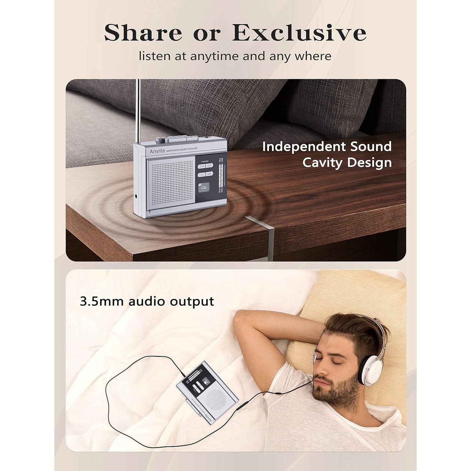 Arsvita Portable Cassette Player And Recorder, Cassette To MP3 Digital Converter, AM/FM Radio Tape Walkman, Support 4-32G Micro SD Card, Build-in Speaker And Microphone, Silver,