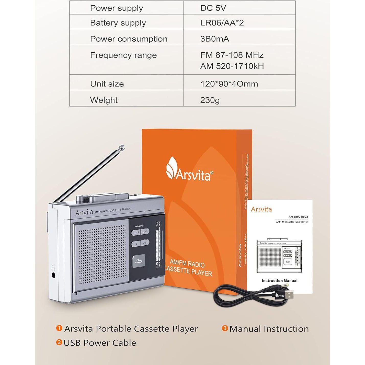 Arsvita Portable Cassette Player And Recorder, Cassette To MP3 Digital Converter, AM/FM Radio Tape Walkman, Support 4-32G Micro SD Card, Build-in Speaker And Microphone, Silver,