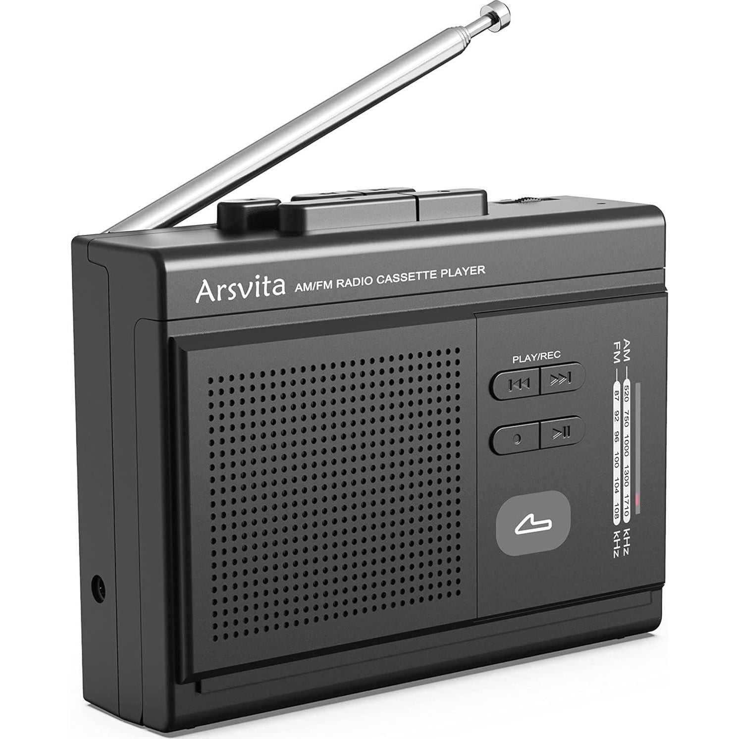 Arsvita Portable Cassette Player And Recorder, Cassette To MP3 Digital Converter, AM/FM Radio Tape Walkman, Support 4-32G Micro SD Card, Build-in Speaker And Microphone, Black,