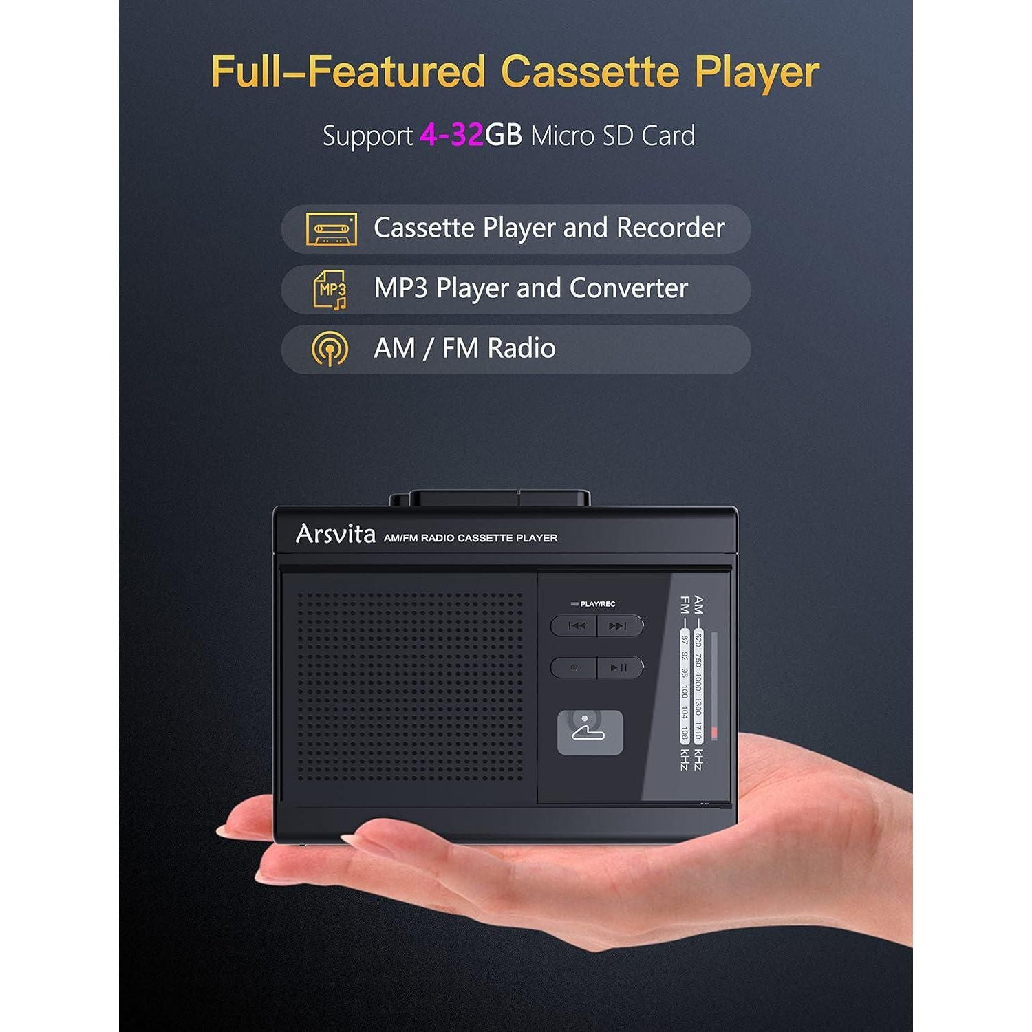 Arsvita Portable Cassette Player And Recorder, Cassette To MP3 Digital Converter, AM/FM Radio Tape Walkman, Support 4-32G Micro SD Card, Build-in Speaker And Microphone, Black,
