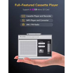 Arsvita Portable Cassette Player And Recorder, Cassette To MP3 Digital Converter, AM/FM Radio Tape Walkman, Support 4-32G Micro SD Card, Build-in Speaker And Microphone, Silver,