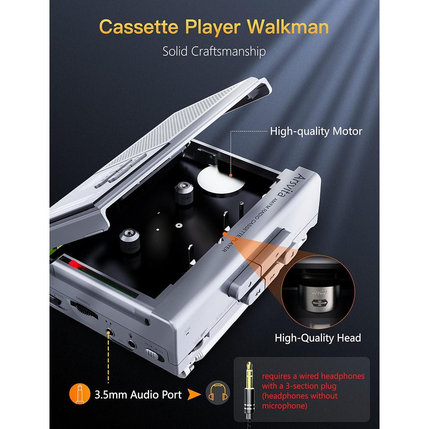 Arsvita Portable Cassette Player And Recorder, Cassette To MP3 Digital Converter, AM/FM Radio Tape Walkman, Support 4-32G Micro SD Card, Build-in Speaker And Microphone, Silver,