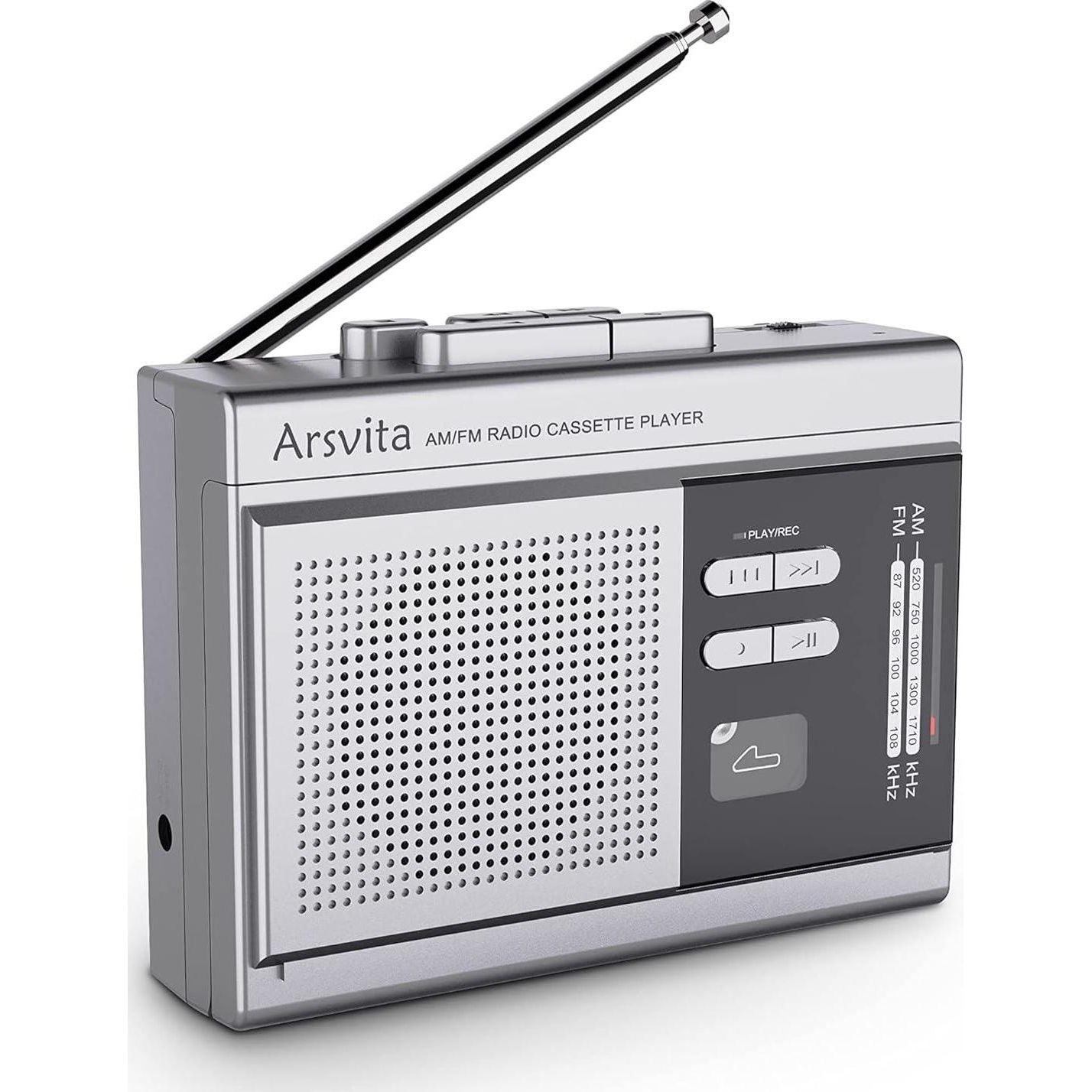 Arsvita Portable Cassette Player And Recorder, Cassette To MP3 Digital Converter, AM/FM Radio Tape Walkman, Support 4-32G Micro SD Card, Build-in Speaker And Microphone, Silver,