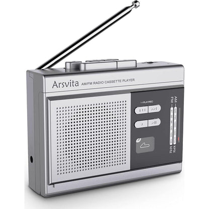 Arsvita Portable Cassette Player And Recorder, Cassette To MP3 Digital Converter, AM/FM Radio Tape Walkman, Support 4-32G Micro SD Card, Build-in Speaker And Microphone, Silver,