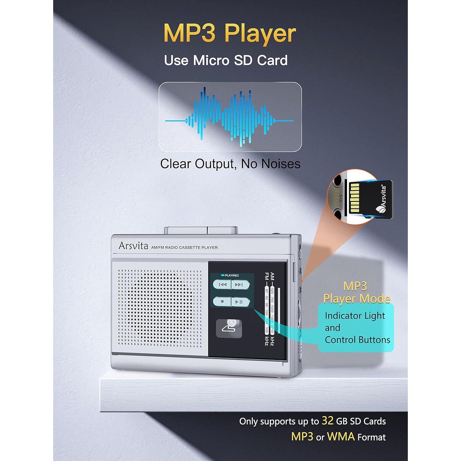 Arsvita Portable Cassette Player And Recorder, Cassette To MP3 Digital Converter, AM/FM Radio Tape Walkman, Support 4-32G Micro SD Card, Build-in Speaker And Microphone, Silver,