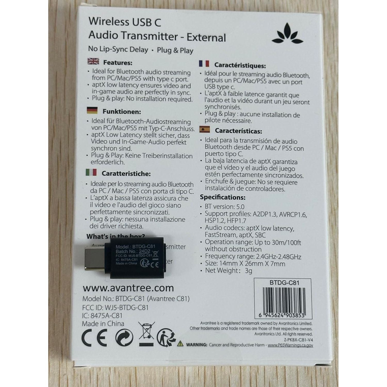 Avantree C81 USB-C Bluetooth Adapter For PS5 - Connect Headphones Wirelessly With AptX Low Latency Support And Included Mini Mic,