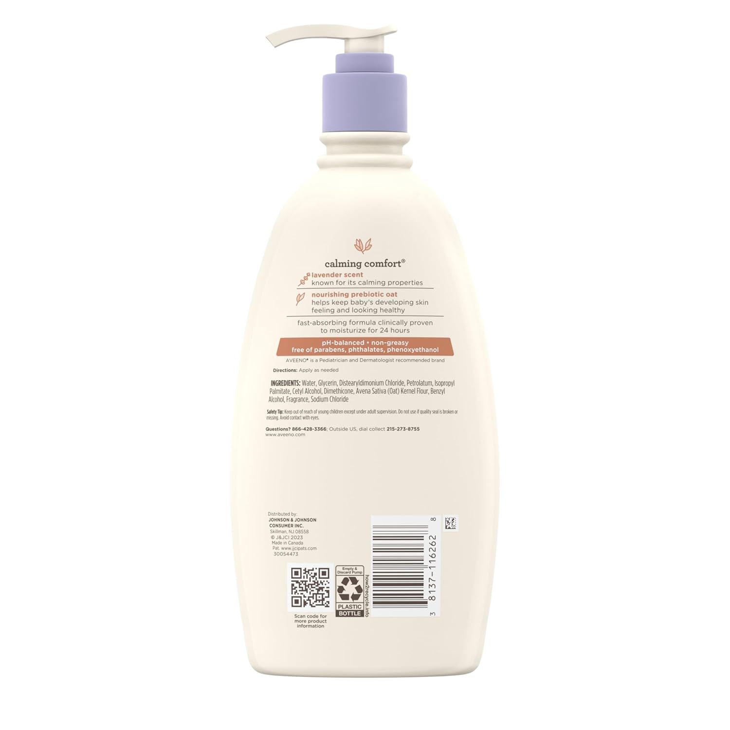 Aveeno Baby Calming Comfort Moisturizing Body Lotion, 18 Fl. Oz | With Relaxing Lavender And Vanilla Scents, Non-Greasy, Nourishing Prebiotic Oatmeal, Paraben- And Phthalate-Free,