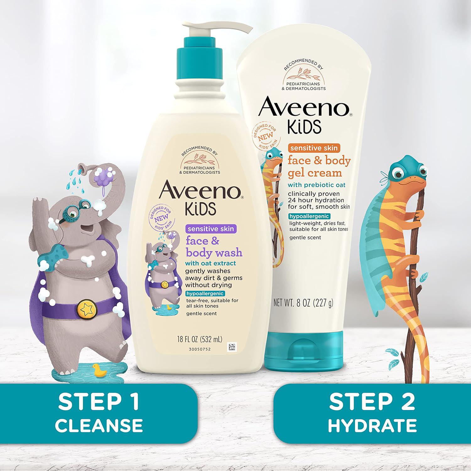 Aveeno Kids Sensitive Skin Face And Body Wash With Oat Extract, Gently Washes Away Dirt And Germs Without Drying, Tear-Free And Suitable For All Skin Tones, Hypoallergenic, 18 Fl. Oz,