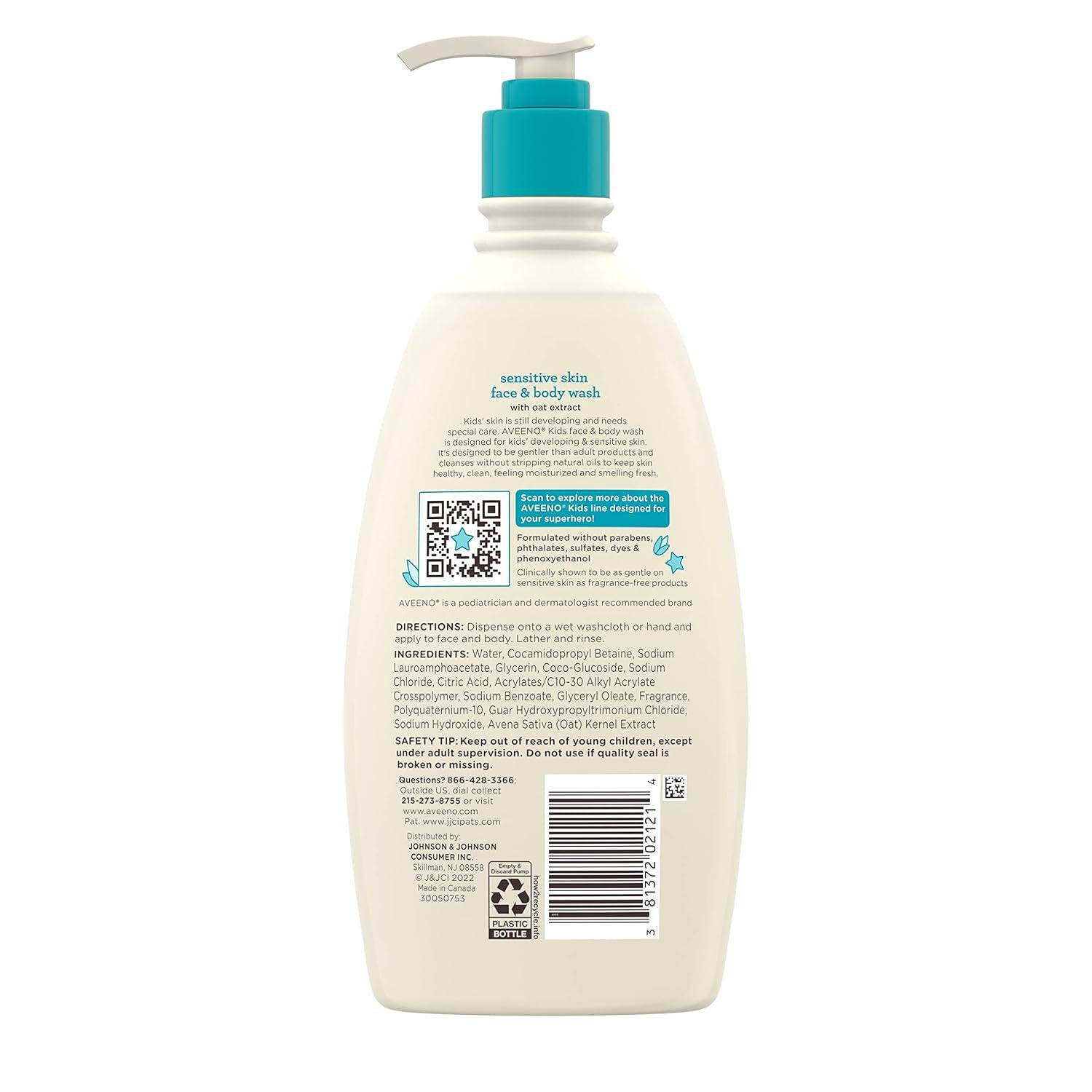 Aveeno Kids Sensitive Skin Face And Body Wash With Oat Extract, Gently Washes Away Dirt And Germs Without Drying, Tear-Free And Suitable For All Skin Tones, Hypoallergenic, 18 Fl. Oz,