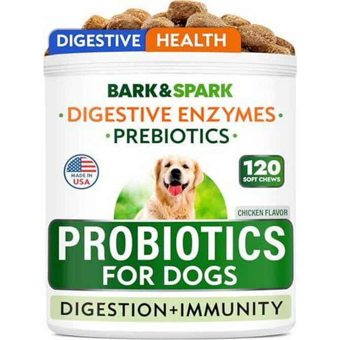 Bark Spark Dog Probiotics with Enzymes Chicken Flavor 120 Count Treats for Digestion Itch and Allergy Relief