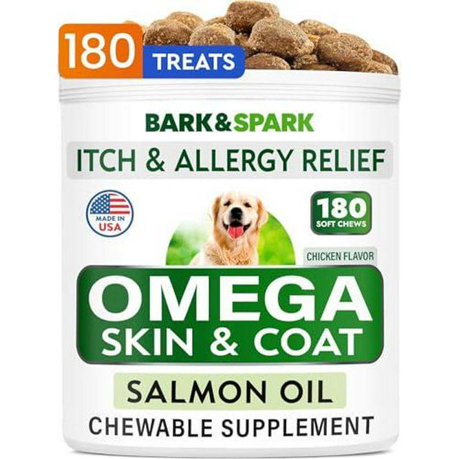 Bark&Spark Omega 3 Fish Oil Treats for Dogs, Allergy & Itch Relief, 180 Chews, Salmon Flavor