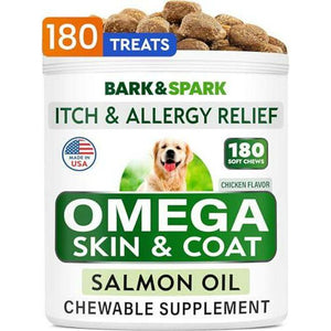 Bark&Spark Omega 3 Fish Oil Treats for Dogs, Allergy & Itch Relief, 180 Chews, Salmon Flavor