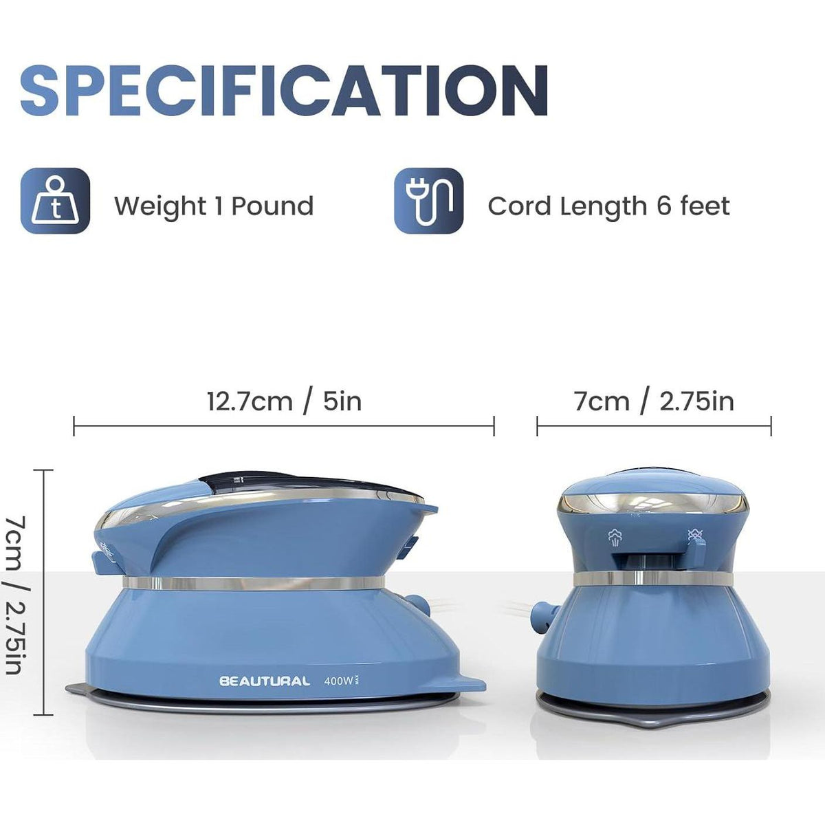 BEAUTURAL Mini Travel Steam Iron For Clothes With Dual Voltage, Non-Stick Soleplate, One Temperature Technology, Detachable Water Tank, Ideal For Sewing, Quilting And Handcraft,
