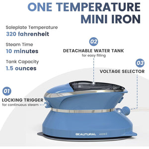 BEAUTURAL Mini Travel Steam Iron For Clothes With Dual Voltage, Non-Stick Soleplate, One Temperature Technology, Detachable Water Tank, Ideal For Sewing, Quilting And Handcraft,