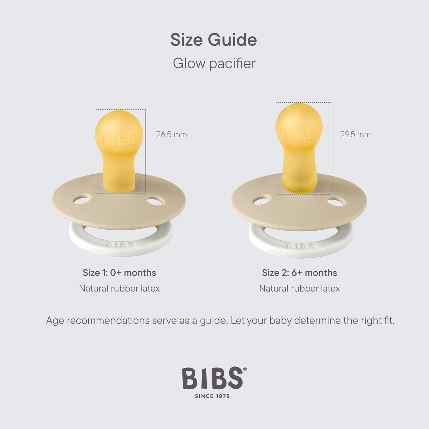 BIBS Colour Night Glow In The Dark Soother 2-Pack, BPA Free Dummy Pacifier, Round Nipple. Natural Rubber Latex, Made In Denmark, Size 2 (6-18 Months), Blush Glow/Woodchuck Glow,