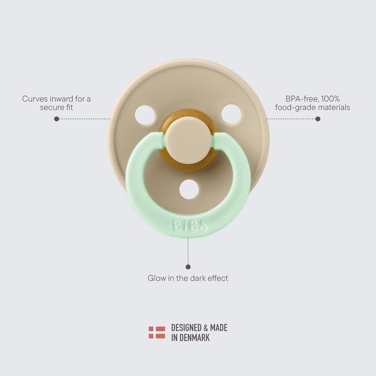 BIBS Colour Night Glow In The Dark Soother 2-Pack, BPA Free Dummy Pacifier, Round Nipple. Natural Rubber Latex, Made In Denmark, Size 2 (6-18 Months), Blush Glow/Woodchuck Glow,