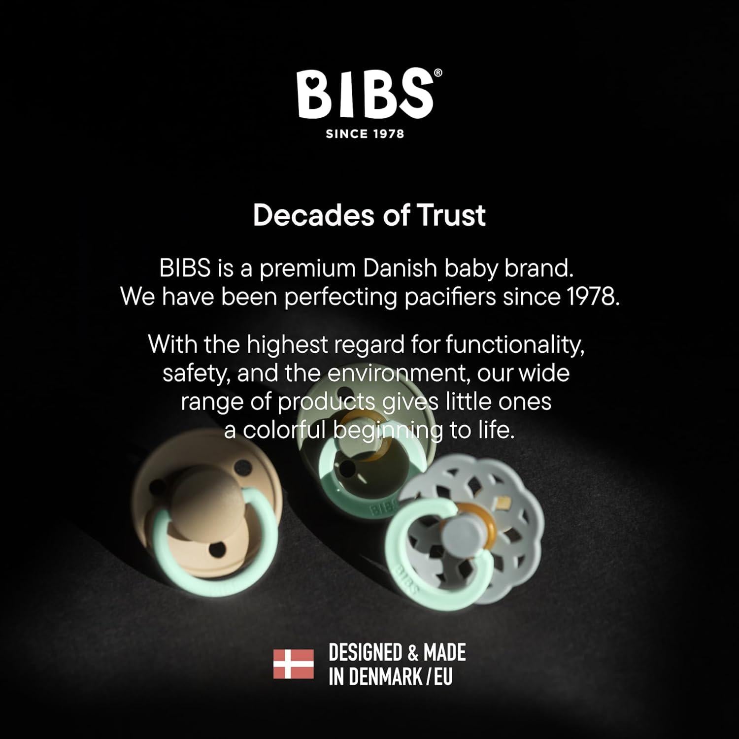 BIBS Colour Night Glow In The Dark Soother 2-Pack, BPA Free Dummy Pacifier, Round Nipple. Natural Rubber Latex, Made In Denmark, Size 2 (6-18 Months), Blush Glow/Woodchuck Glow,