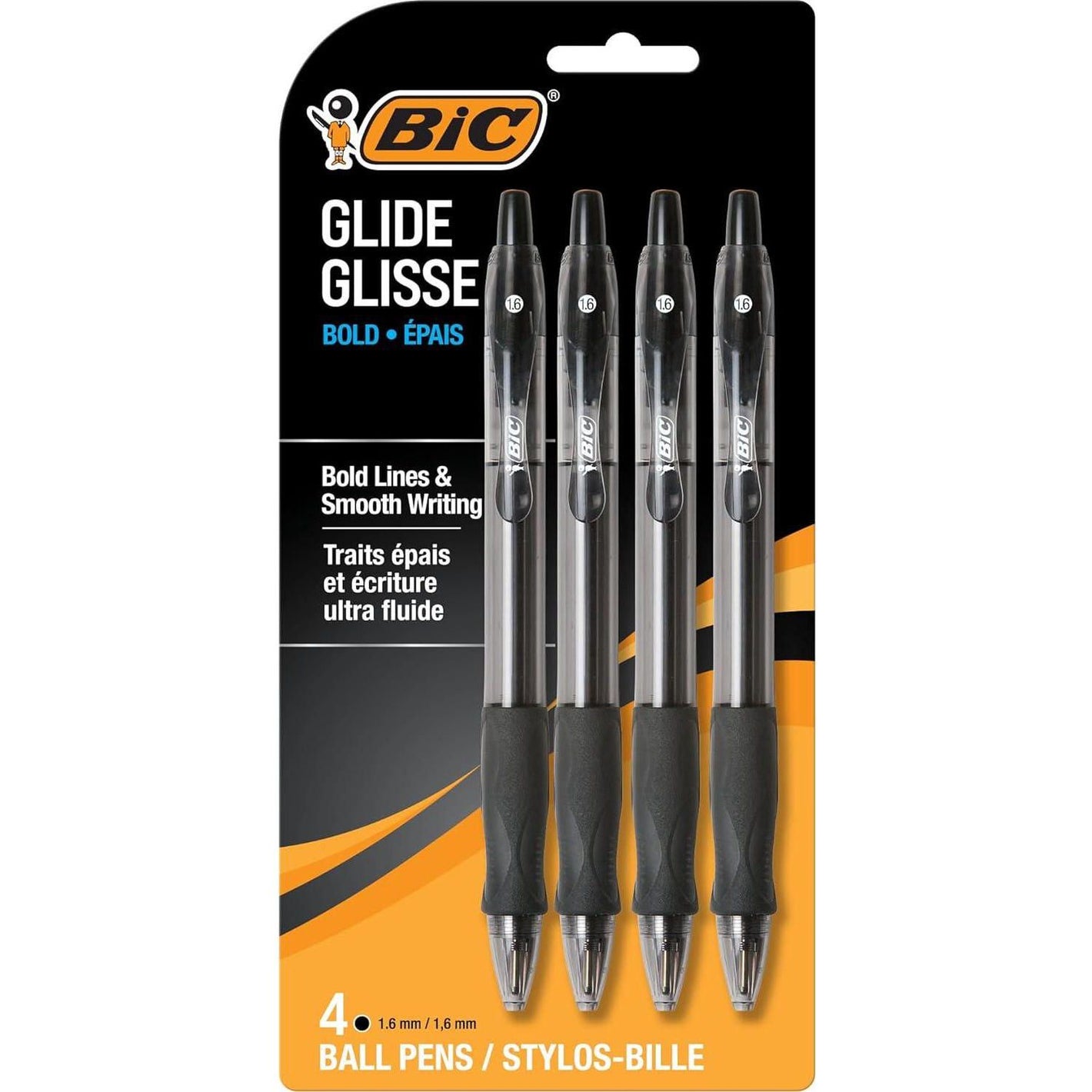 BIC Glide Bold Retractable Ball Point Pen, Bold Point (1.6mm), Black, Great For Everyday Use, 4-Count,