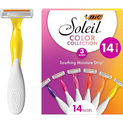 BIC BIC Soleil Smooth Colors Women's Disposable Razors With Aloe Vera And Vitamin E Lubricating Strip For Enhanced Glide, With 3 Blades, 14 Count