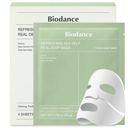BIODANCE BIODANCE Refreshing Sea Kelp Real Deep Mask, Overnight Hydrogel Mask, Calming, Oil And Sebum Control, Blemish Care 1.19oz(34g) X 4ea