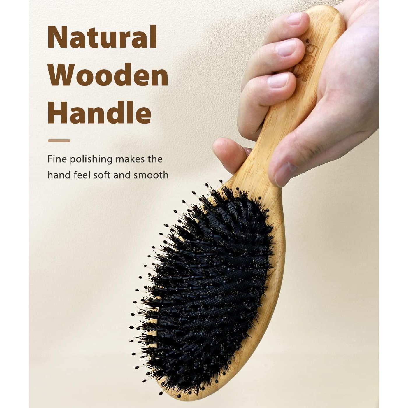 BLACK EGG Boar Bristle Brush For Wet/Dry Hair - Smoothing, Massaging, Detangling, Reduce Frizz, Restore Shine - Bamboo Brush For Women, Men, Kids,