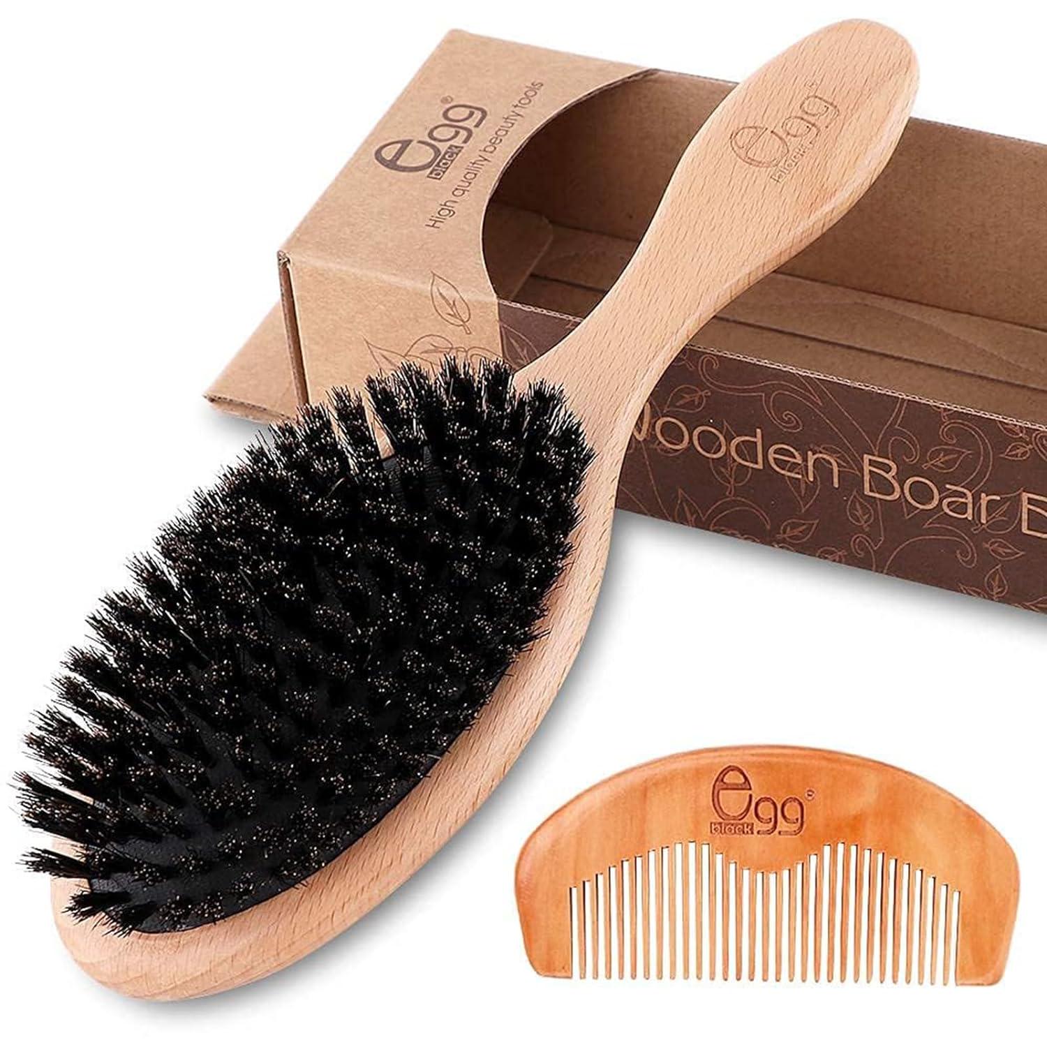 BLACK EGG Boar Bristle Hair Brush For Women Men Kid, Soft Natural Bristles Brush For Thin And Fine Hair, Restore Shine And Texture, Set Includes Bamboo Comb And 3 Hair Ties,